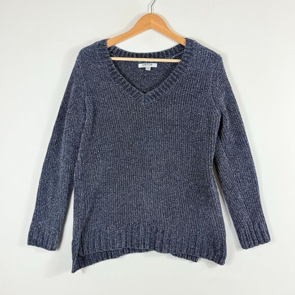 Orvis Steel Blue V-Neck Cable Knit Pullover Soft‎ Chenille Sweater Women's Small - Picture 1 of 7